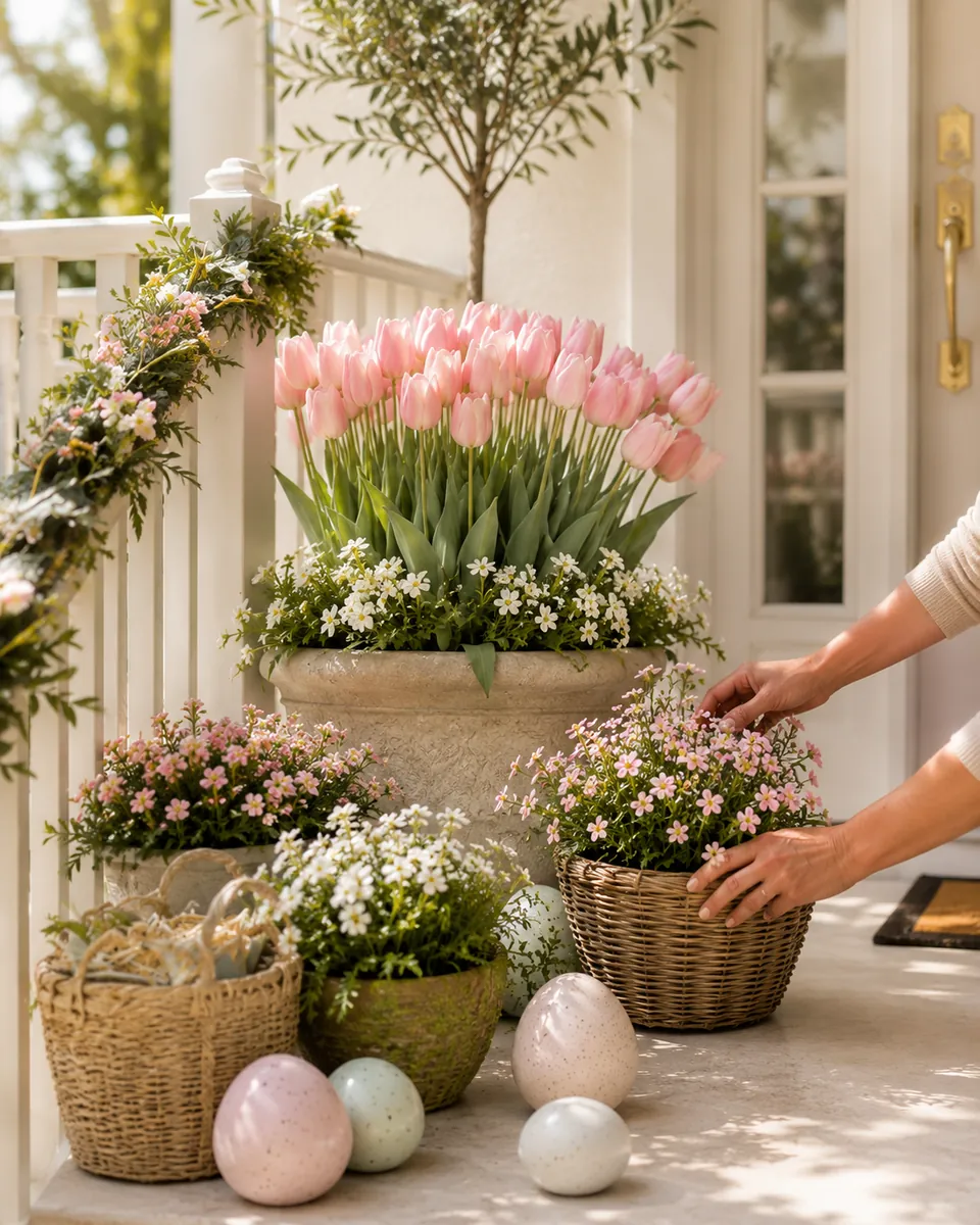 A seasonal porch display being built on the front steps of a home